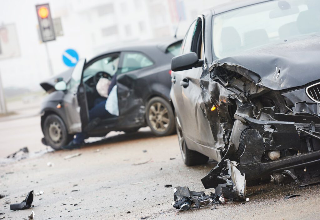 car crash accident on street, damaged automobiles after collision